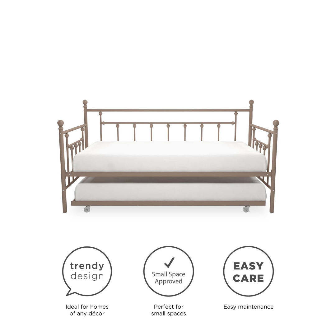 Manila Metal Daybed and Trundle Set with Sturdy Metal Frame and Slats - Millennial Pink - Twin