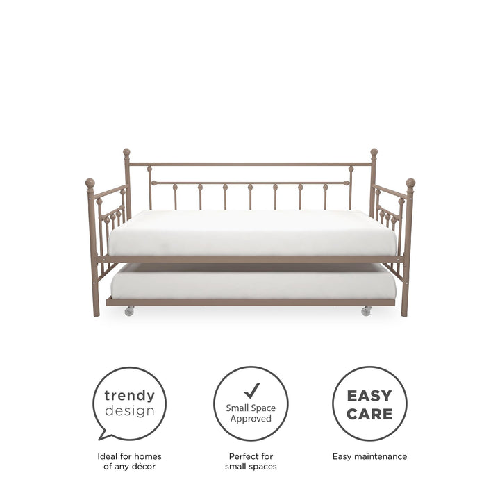 Manila Metal Daybed and Trundle Set with Sturdy Metal Frame and Slats - Millennial Pink - Twin
