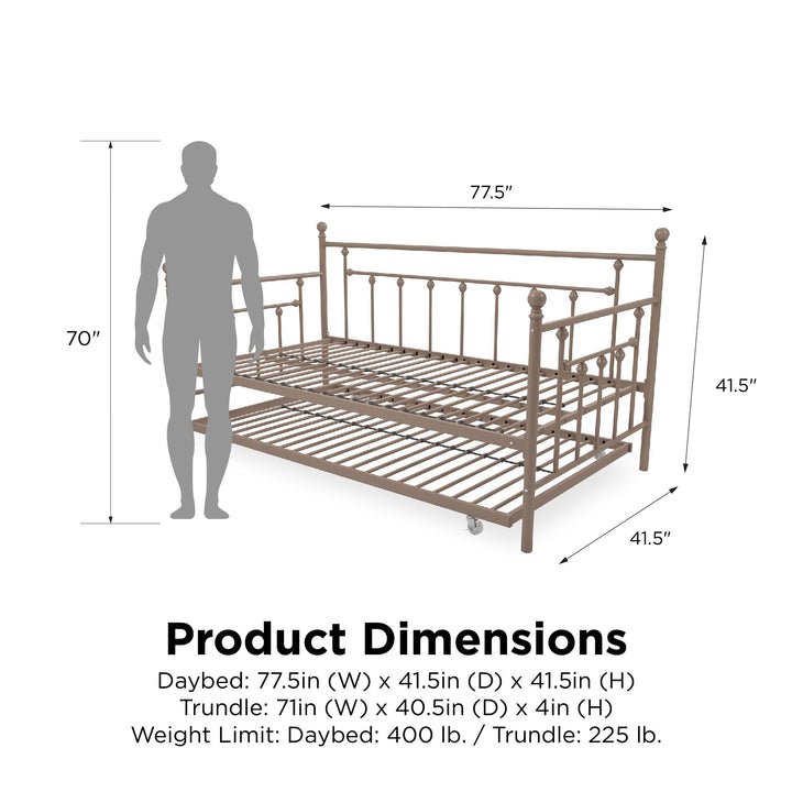 Manila Metal Daybed and Trundle Set with Sturdy Metal Frame and Slats - Millennial Pink - Twin