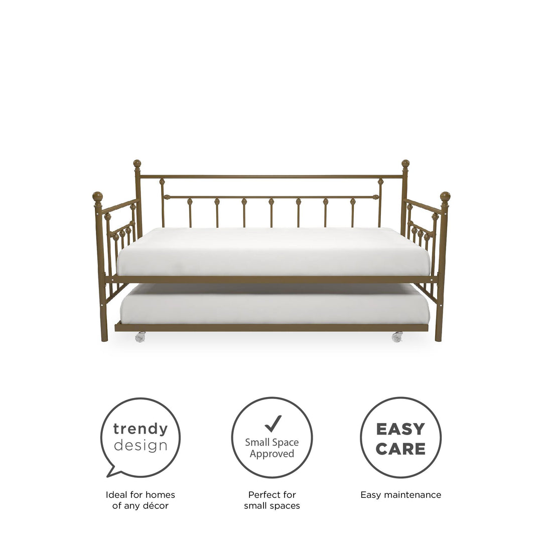 Manila Metal Daybed and Trundle Set with Sturdy Metal Frame and Slats - Gold - Twin