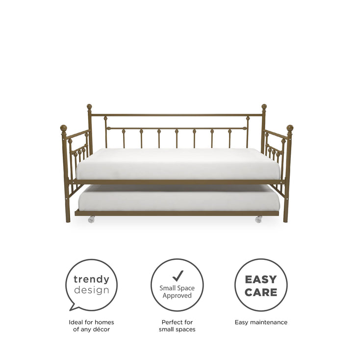 Manila Metal Daybed and Trundle Set with Sturdy Metal Frame and Slats - Gold - Twin