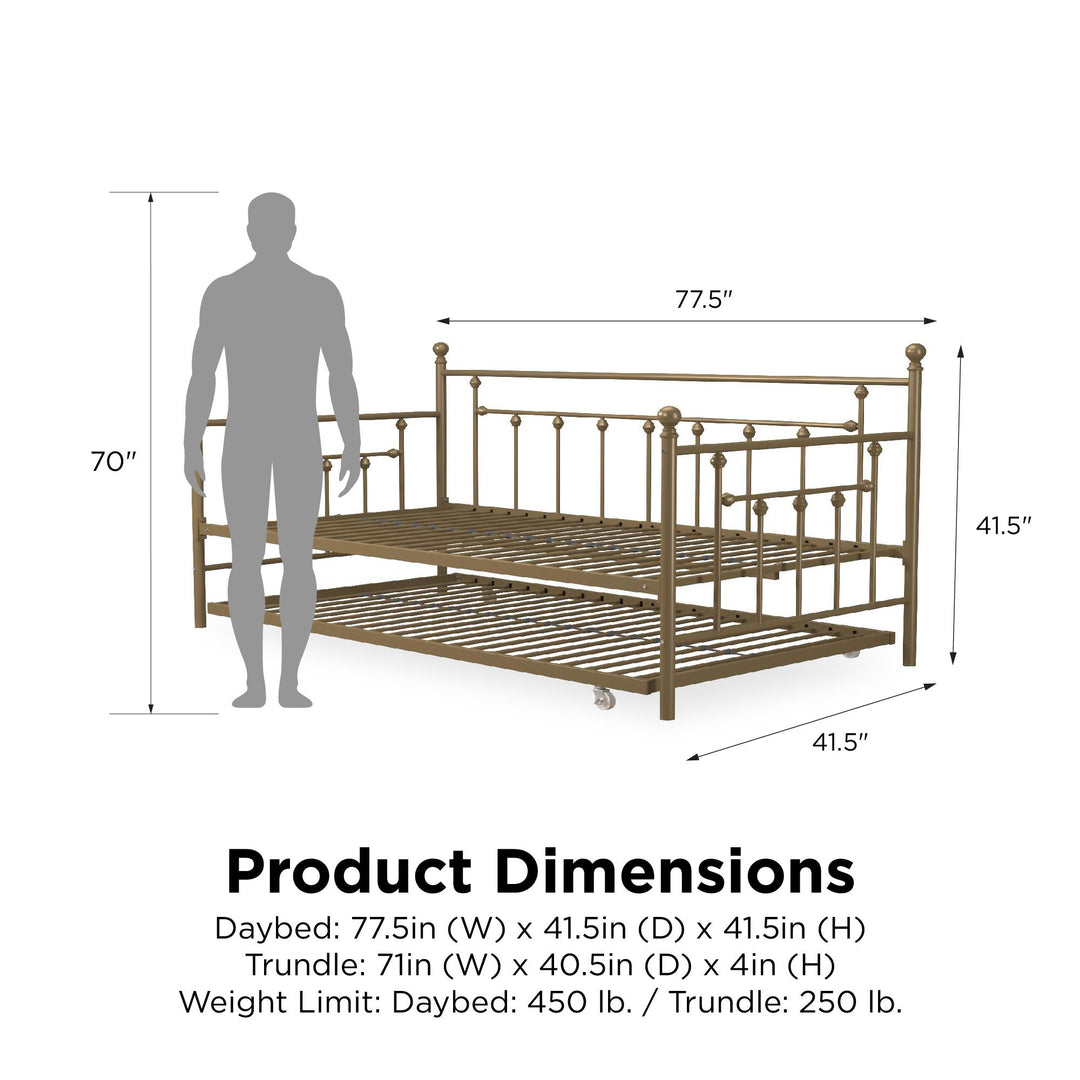 Manila Metal Daybed and Trundle Set with Sturdy Metal Frame and Slats - Gold - Twin