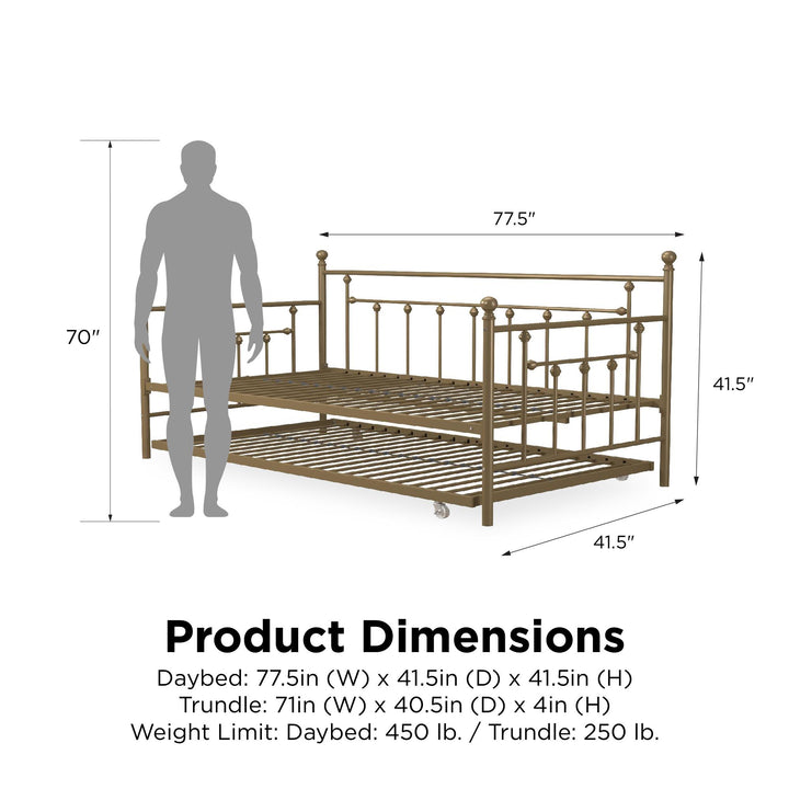 Manila Metal Daybed and Trundle Set with Sturdy Metal Frame and Slats - Gold - Twin