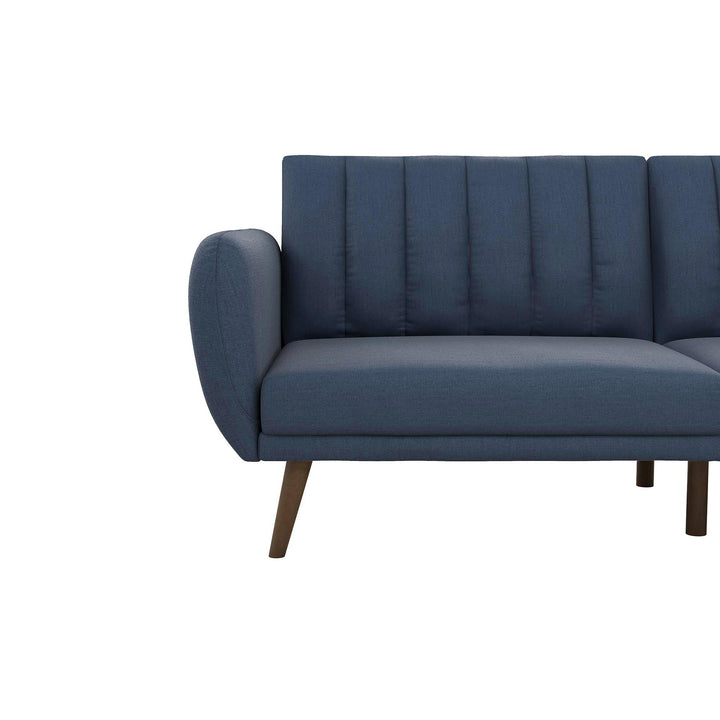 Brittany Futon with Vertical Channel Tufting and Curved Armrests  -  Navy Linen