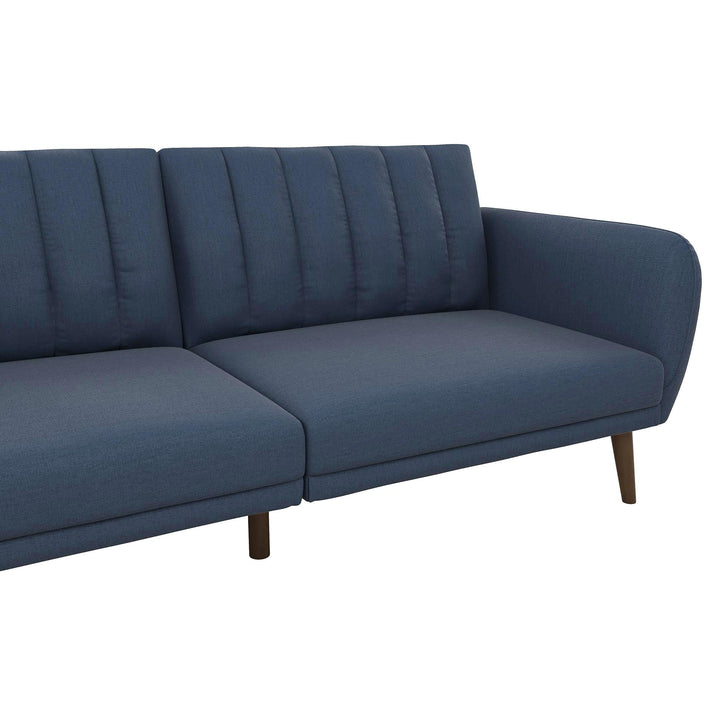 Brittany Futon with Vertical Channel Tufting and Curved Armrests - Navy Linen