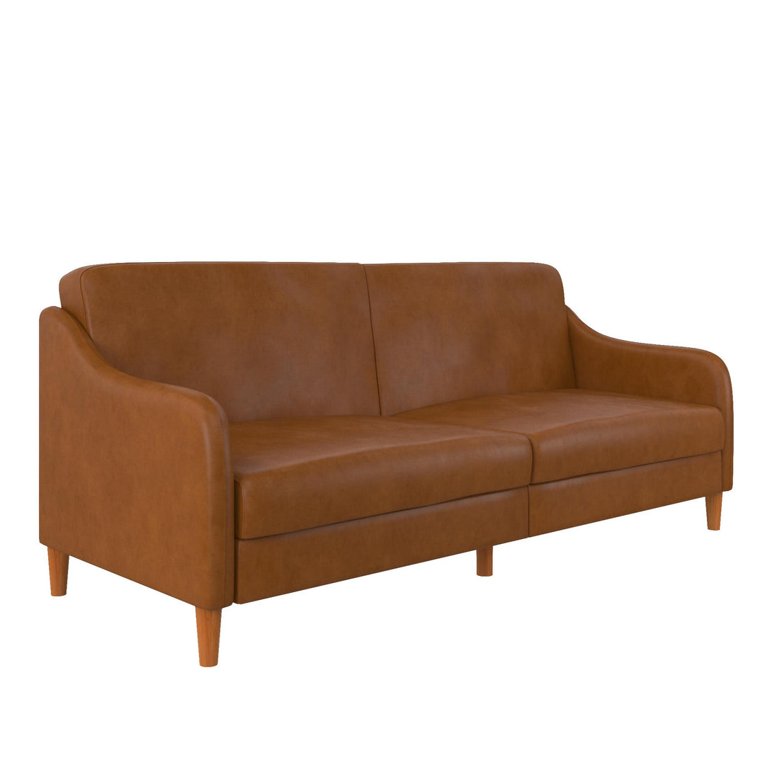 Jasper Coil Futon with Linen or Faux Leather Upholstery and Round Wood Legs - Camel