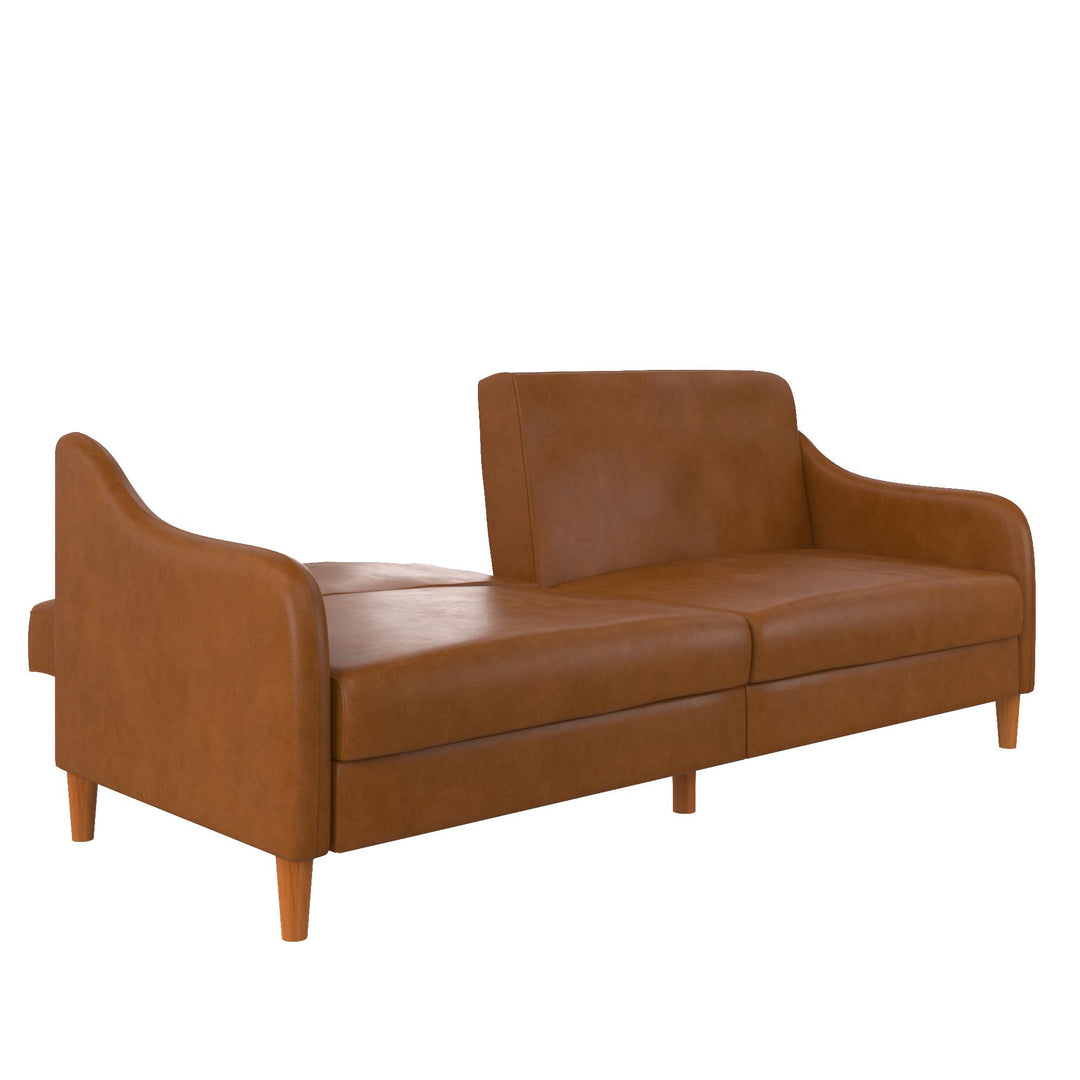 Jasper Coil Futon with Linen or Faux Leather Upholstery and Round Wood Legs - Camel