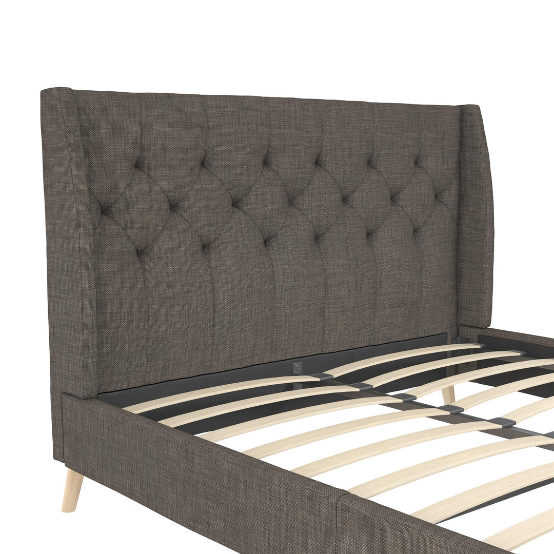 Her Majesty Wingback Bed with a Button Tufted Headboard and Tapered Wood Legs - Grey Linen - Queen