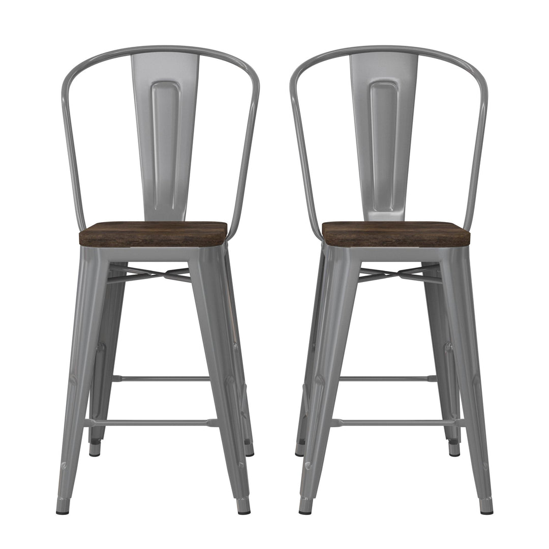 Luxor 24 Inch Metal Counter Height Bar Stool with Wood Seat, Set of 2  -  Silver