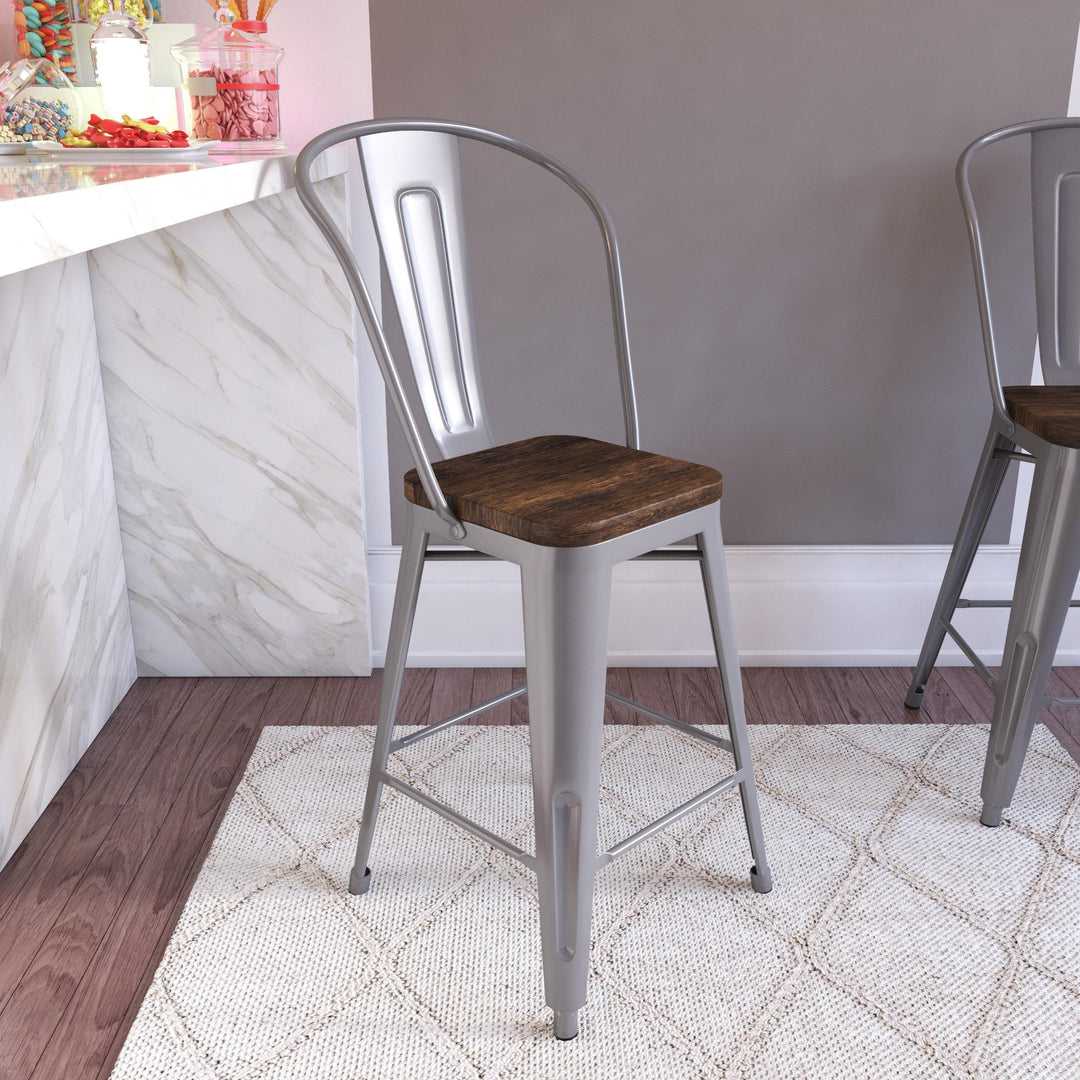 Metal Counter Height Bar Stool with Wood Seat -  Silver