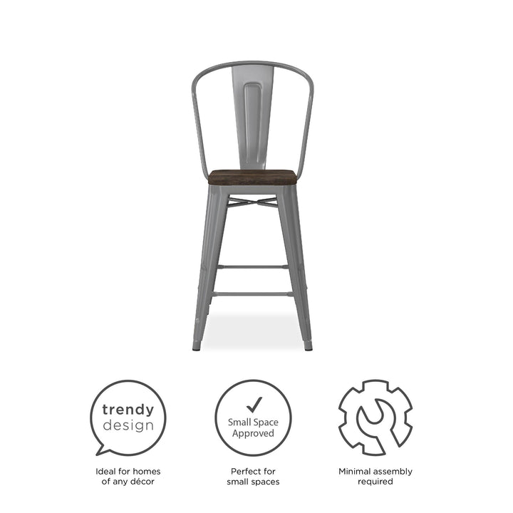 Durable Luxor Metal Bar Stool with Wood Seat -  Silver