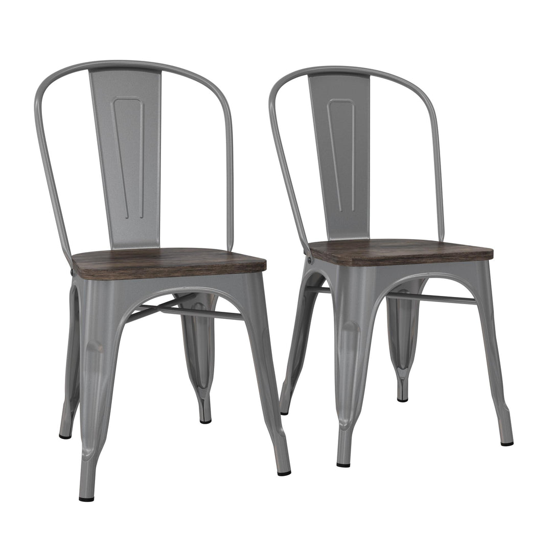 Metal Dining Chair with Wood Seat Set -  Silver