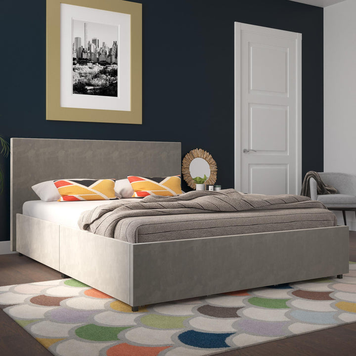 Upholstered Bed with 4 Drawers -  Light Gray 