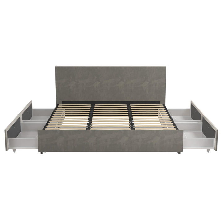 Upholstered Bed with Storage Drawers -  Light Gray 