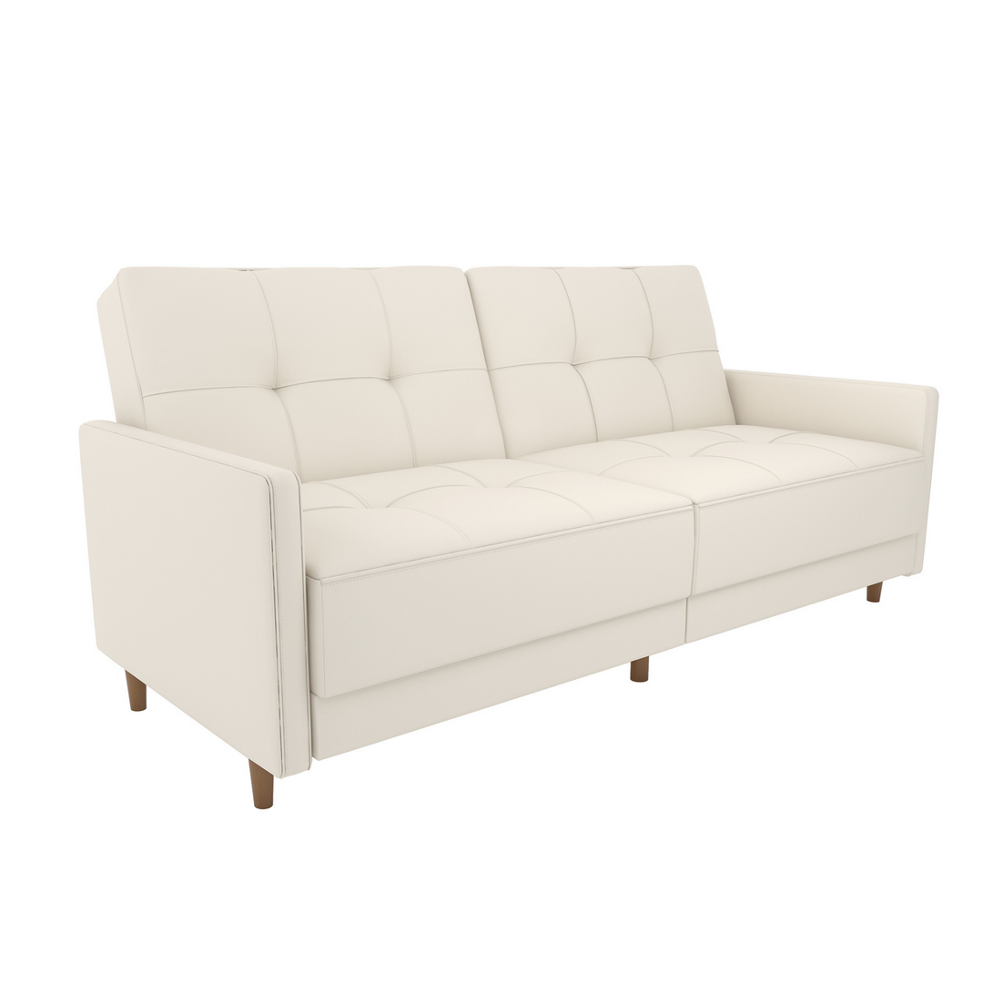 Andora Tufted Upholstered Coil Futon with Wooden Legs  -  White Faux leather