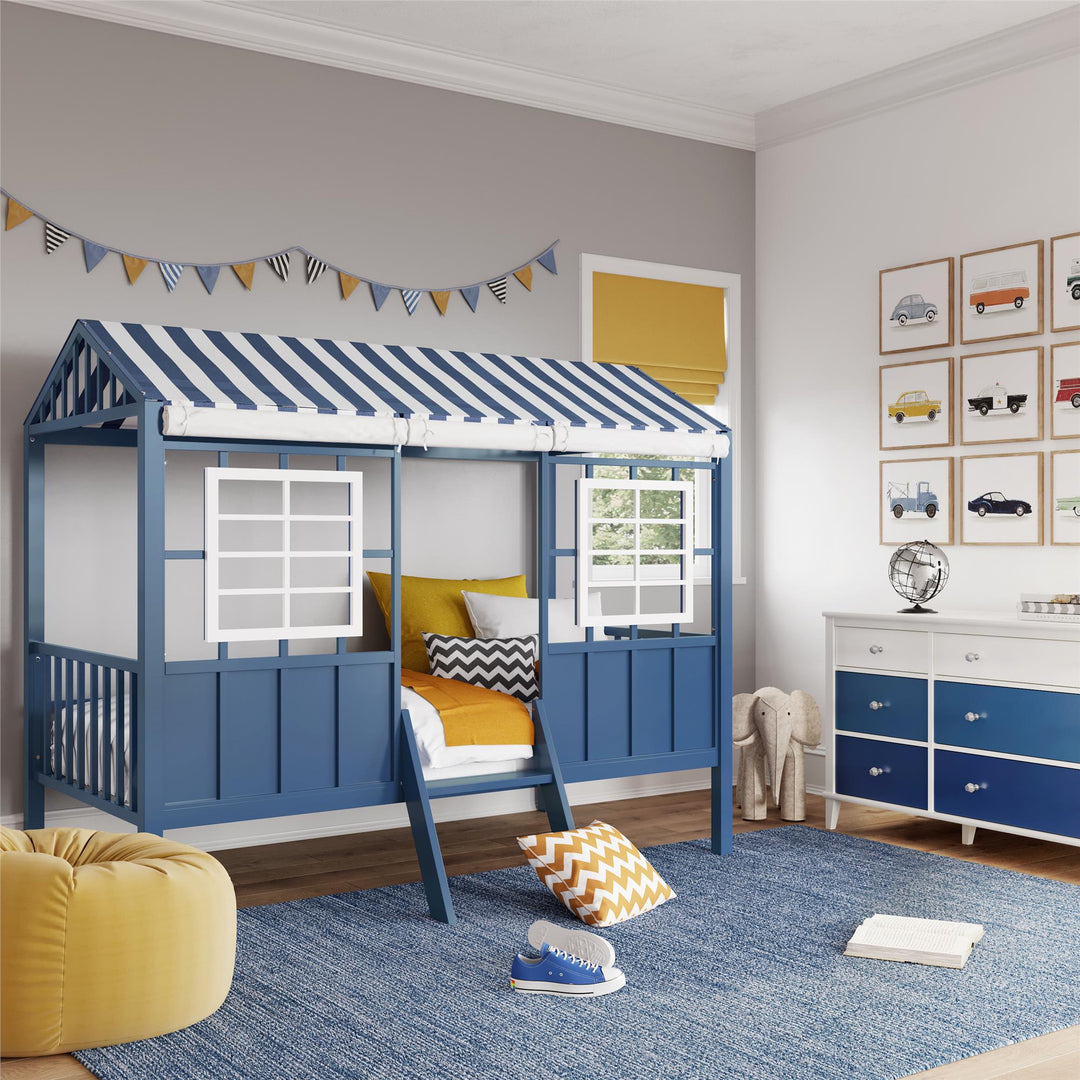 Rowan Valley Forest Metal Loft Bed with a Fixed Ladder and Fabric Curtains - Blue - Twin