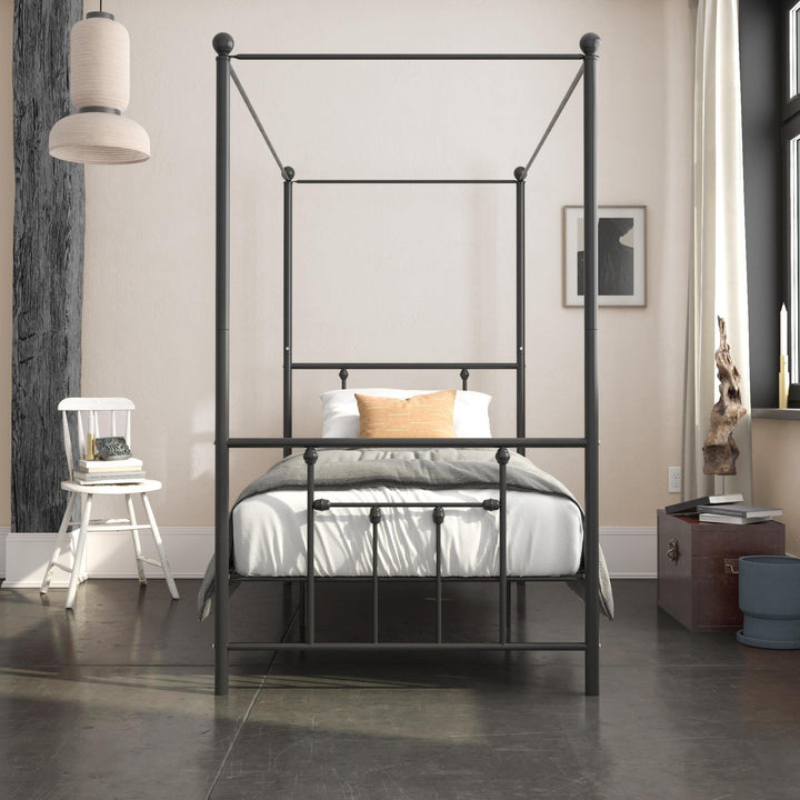 Functional Metal Canopy Bed with Slats -  Black  -  Twin