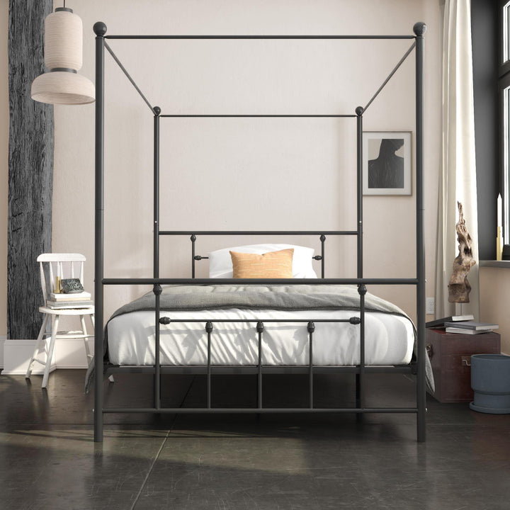 Functional Metal Canopy Bed with Slats -  Black  -  Queen