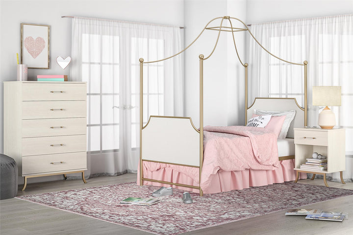 Luxurious Canopy Bed with Linen Headboard -  Gold  -  Twin