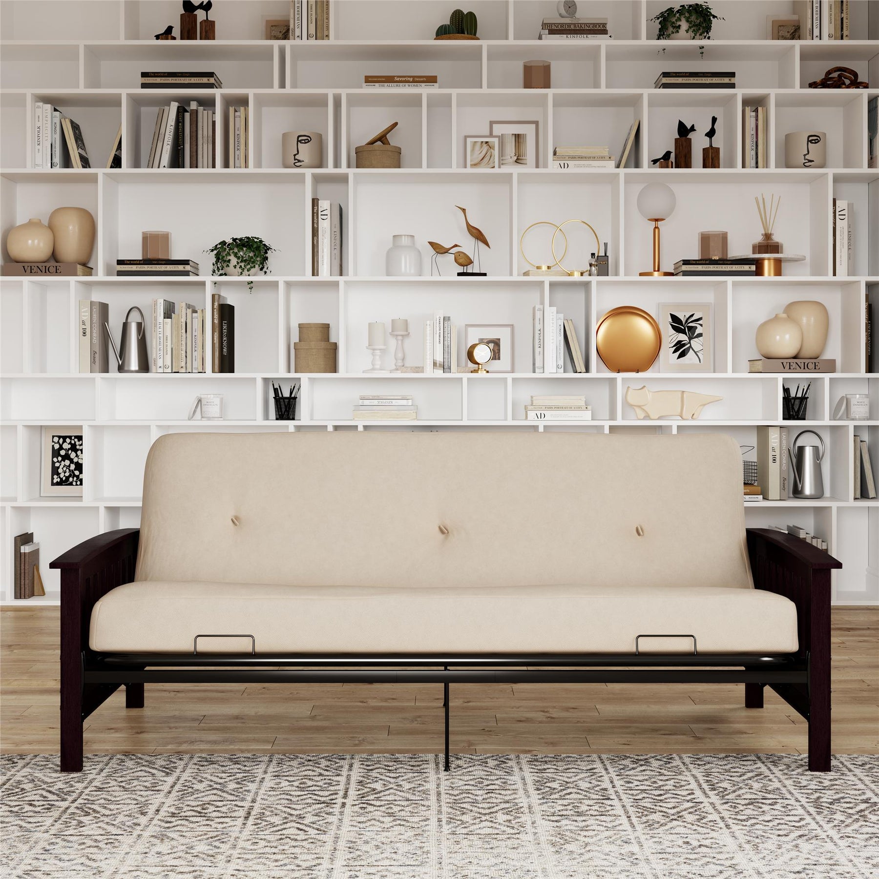 Darrien Full Wood Arm Futon Frame with 6 Inch Thermobonded High Densit RealRooms