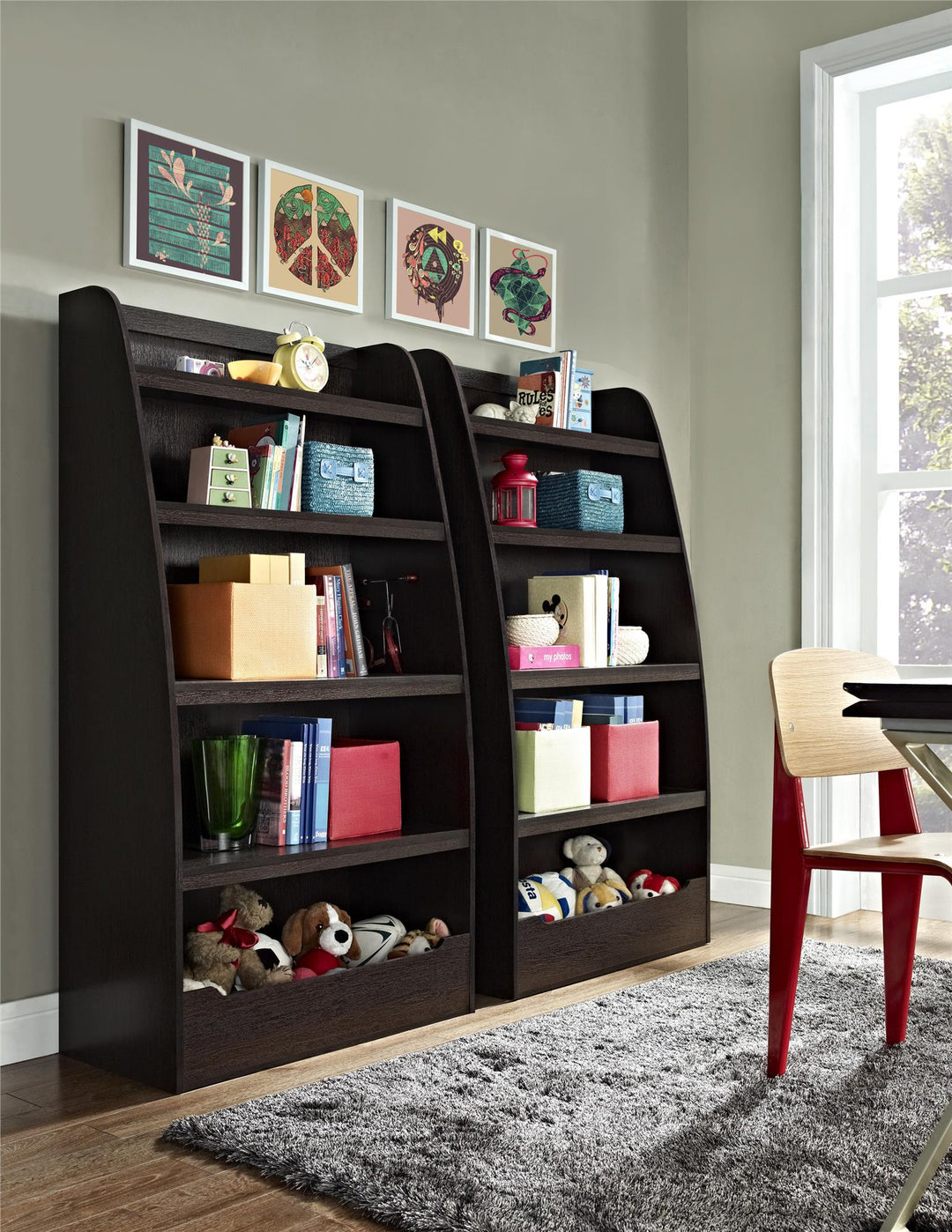 Ladder bookcase with toy storage for kids -  Espresso