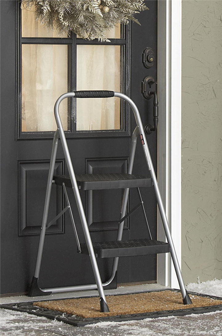 2 Step Steel Folding Step Stool with Slip-Resistant Treads - Platinum/Black - 1-Pack
