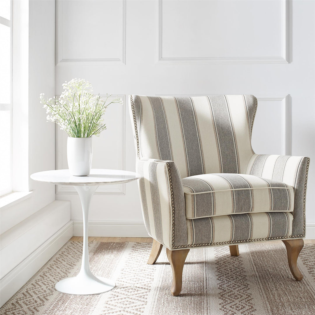 Reva Upholstered Club Accent Chair with Nail Head Trim -  Gray Stripe