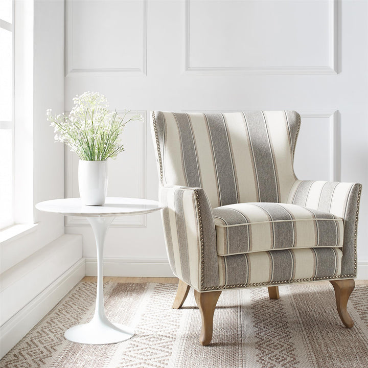 Reva Upholstered Club Accent Chair with Nail Head Trim -  Gray Stripe