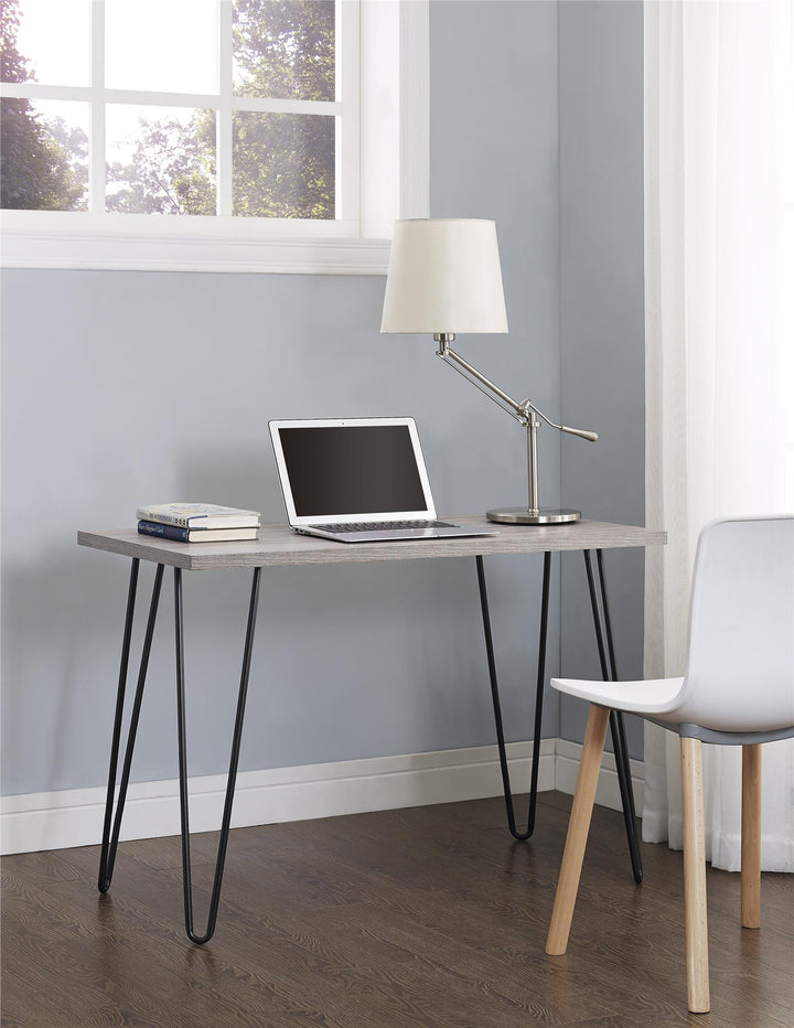 Owen Retro Desk with Hairpin Legs for Small Spaces -  Distressed Gray Oak 