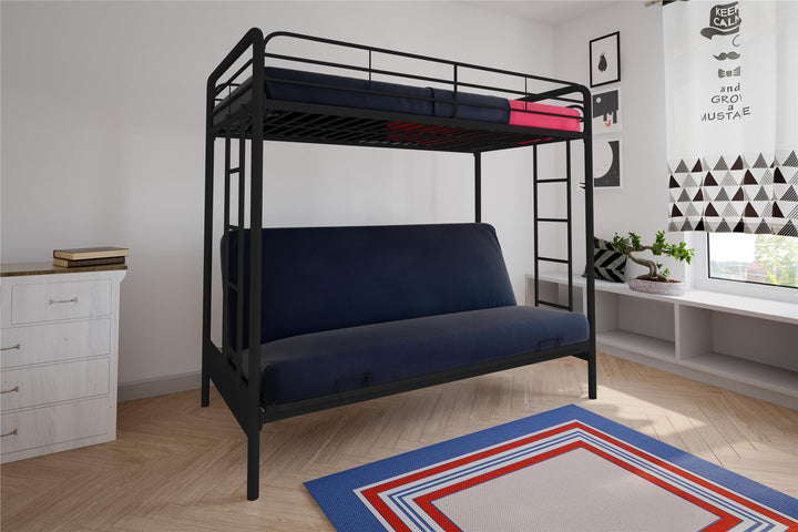 Metal Bunk Bed with Integrated Ladders -  Black  - Twin-Over-Futon