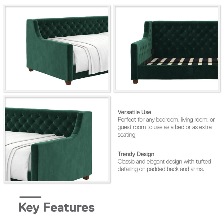 Velvet Fabric Daybed with Jordyn Style -  Green  -  Twin
