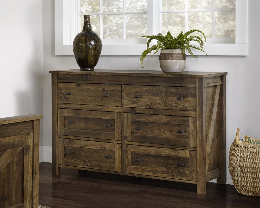 Farmington 6 Drawer Rustic Farmhouse Dresser with Linen Interiors - Rustic