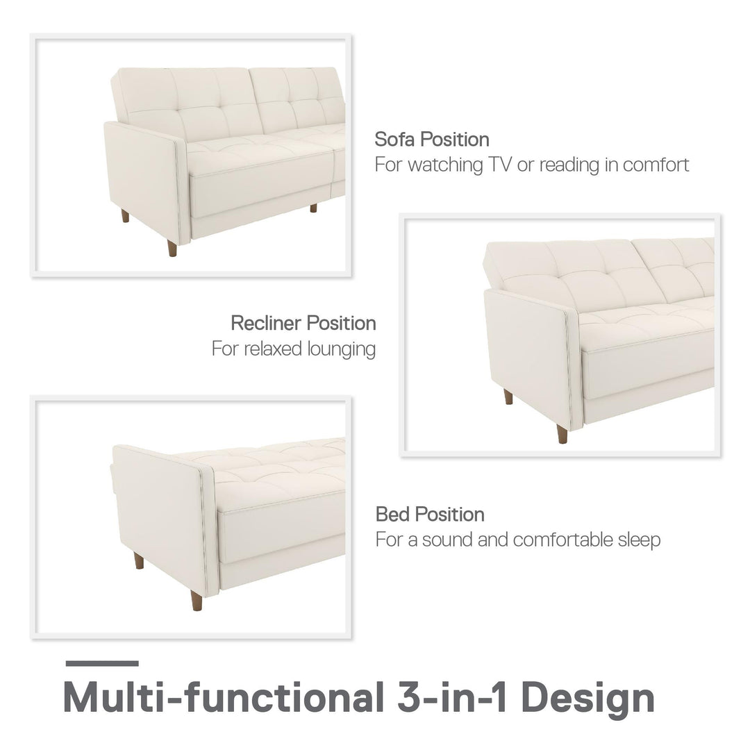 Tufted Futon with Upholstered Coils -  White Faux leather