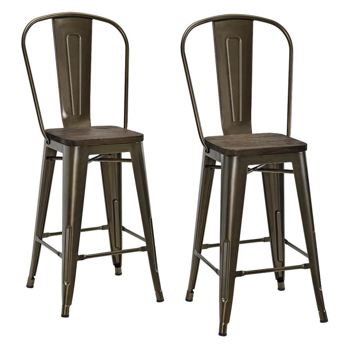 Metal Counter Stool with Wood Seat -  Bronze