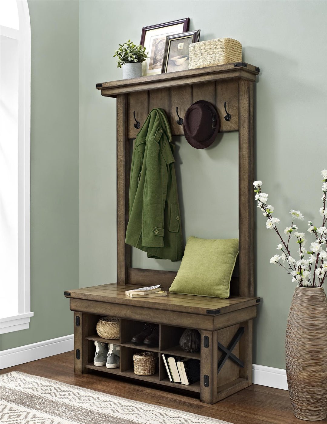 Wildwood veneer hall tree -  Rustic Gray