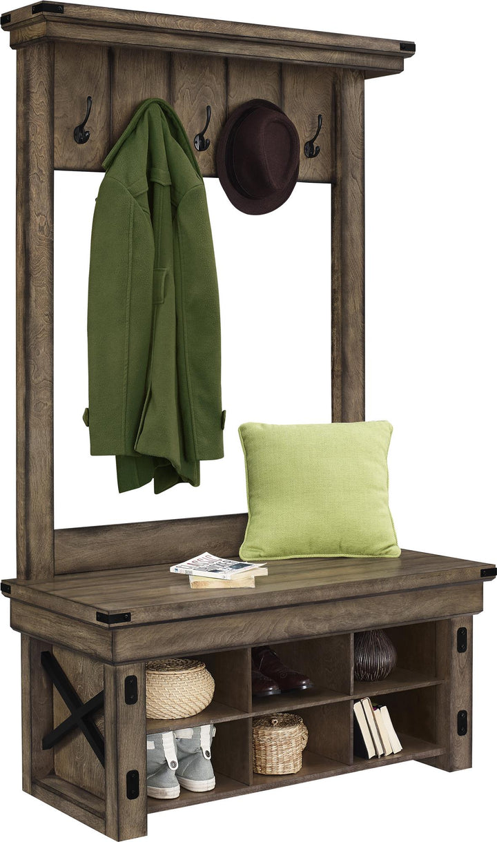Wildwood Wood Veneer Entryway Hall Tree with Storage Bench  -  Rustic Gray