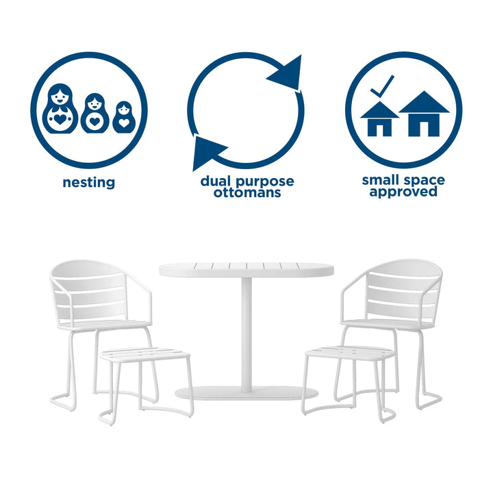 5 Piece Patio Dining Set with 2 Chairs and 2 Ottomans  -  White