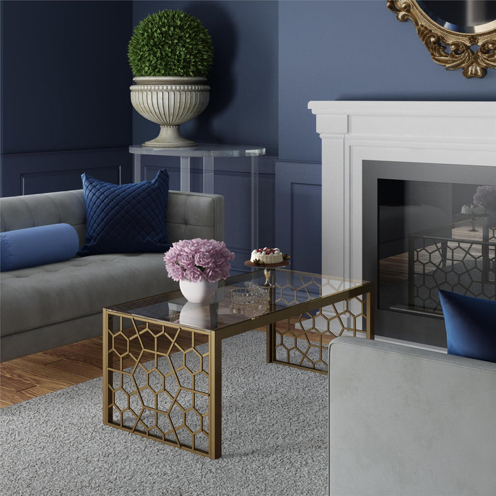 Juliette Glass Top Coffee Table with Cut Out Detailing - Brass