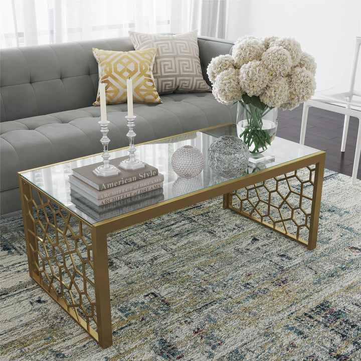 Juliette Glass Top Coffee Table with Cut Out Detailing - Brass