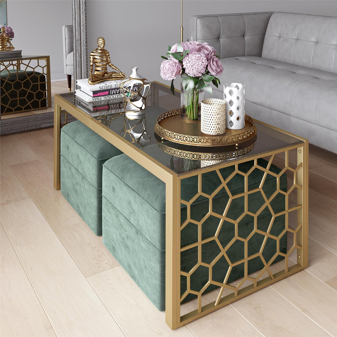 Juliette Glass Top Coffee Table with Cut Out Detailing - Brass
