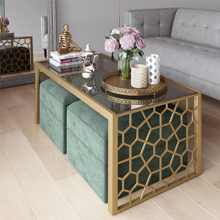 Juliette Glass Top Coffee Table with Cut Out Detailing - Brass