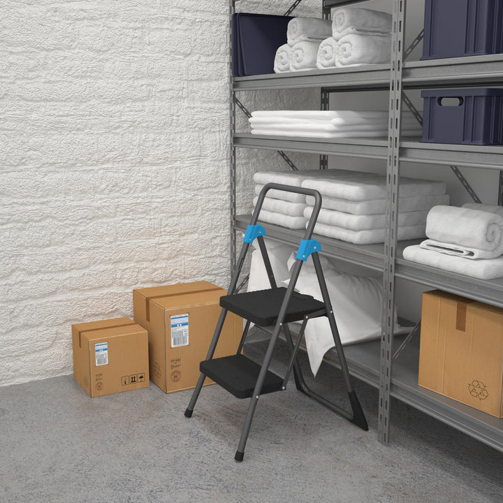 2-Step Folding Step Stool with Metal Frame -  Grey/Grey/Blue