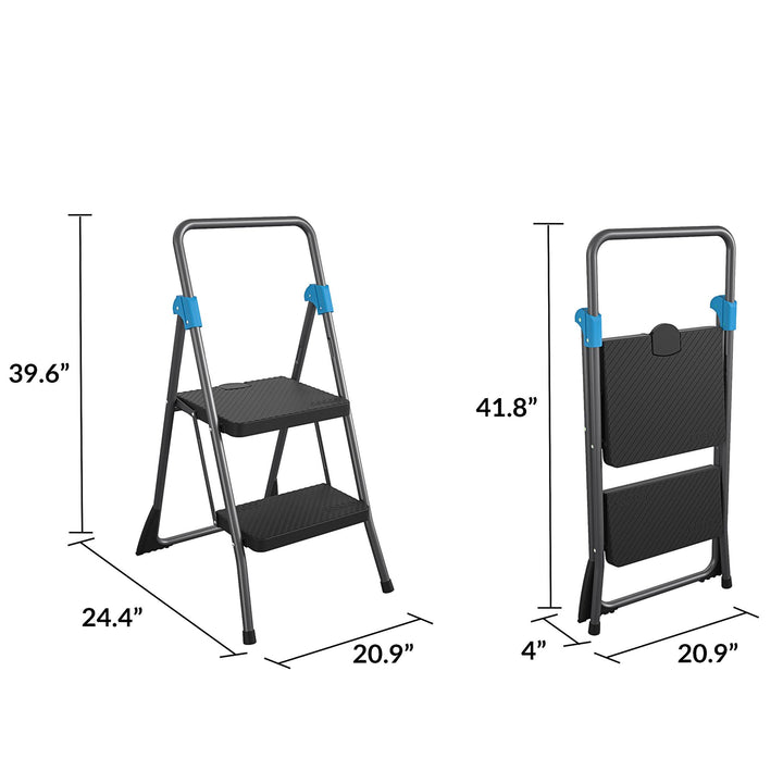 2-Step Folding Step Stool with Sturdy Metal Frame -  Grey/Grey/Blue