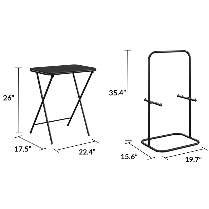 5 Piece Folding Vinyl Top TV Tray Set with Storage Rack - Black - 1-Pack