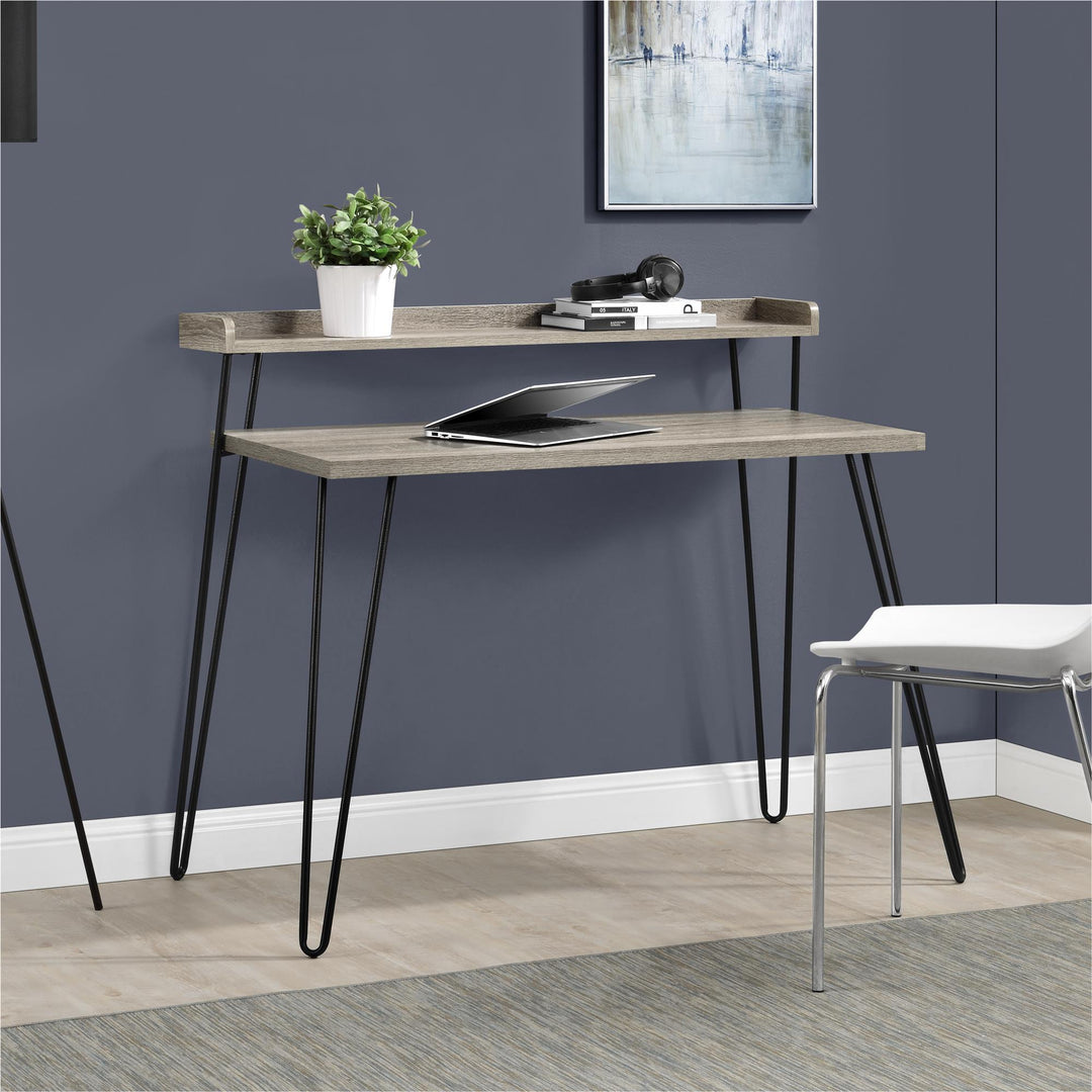 Retro Computer Desk with Metal Hairpin Legs -  Distressed Gray Oak