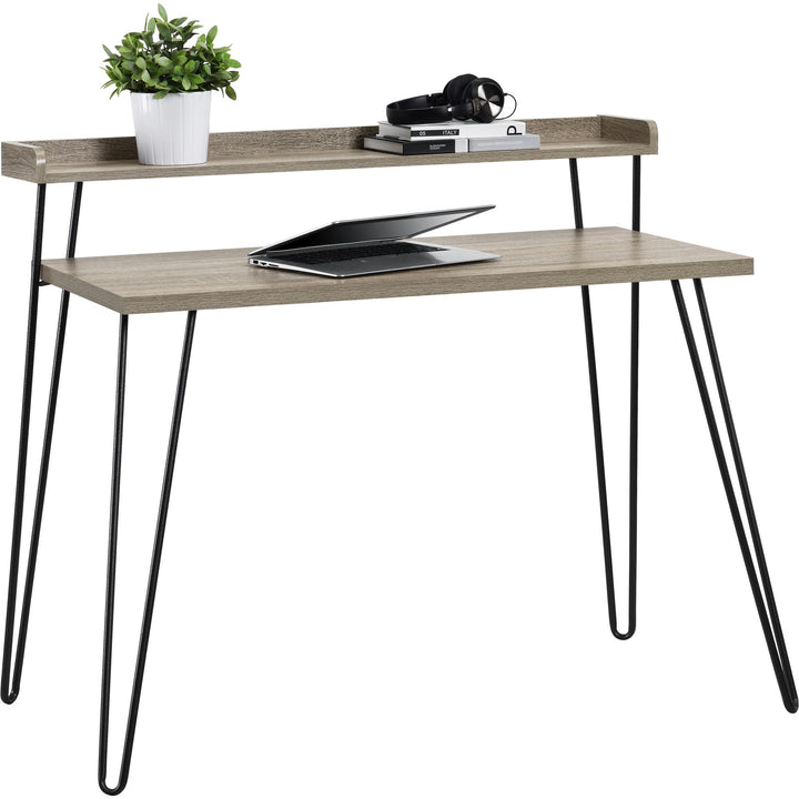 Haven Retro Computer Desk with Riser and Metal Hairpin Legs  -  Distressed Gray Oak