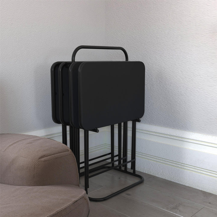 5 Piece Folding Vinyl Top TV Tray Set with Storage Rack - Black - 1-Pack