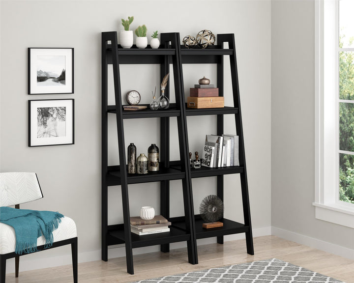 Stylish 4 Shelf Ladder Bookcase Set of 2 -  Black