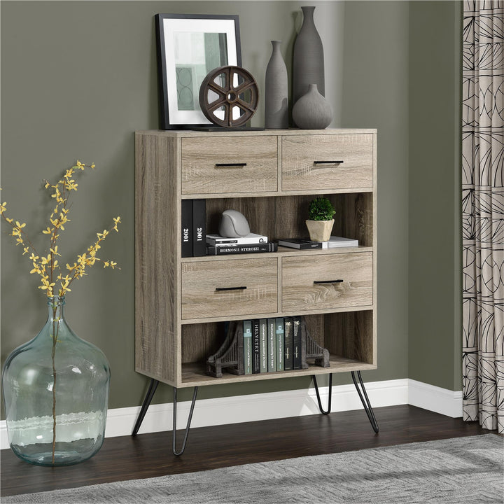Retro bookcase with Landon's fabric storage solutions -  Distressed Gray Oak