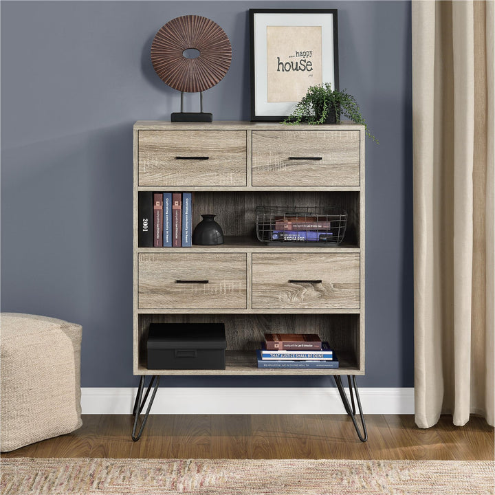 Landon retro-styled bookcase with fabric bins -  Distressed Gray Oak